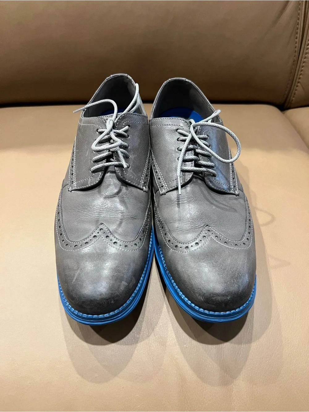 Cole Haan Gray Leather Wingtip Oxfords with Blue Sole